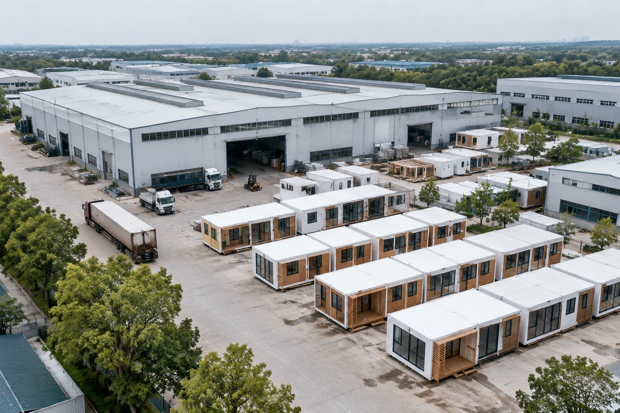 Aerial view of the factory campus with blue-roofed production halls