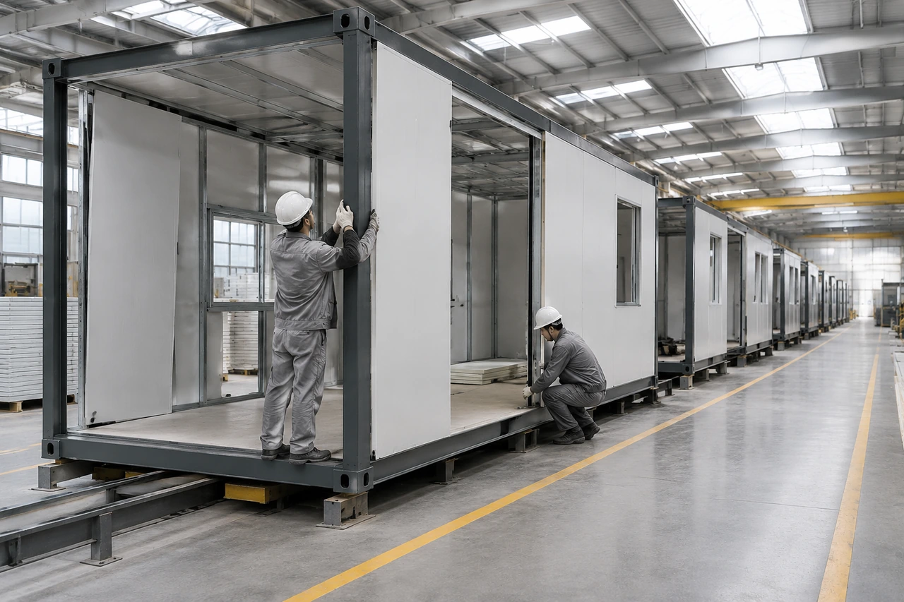 Container house modules on the production line