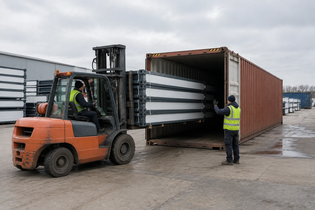Flat-packed units being loaded into a shipping container