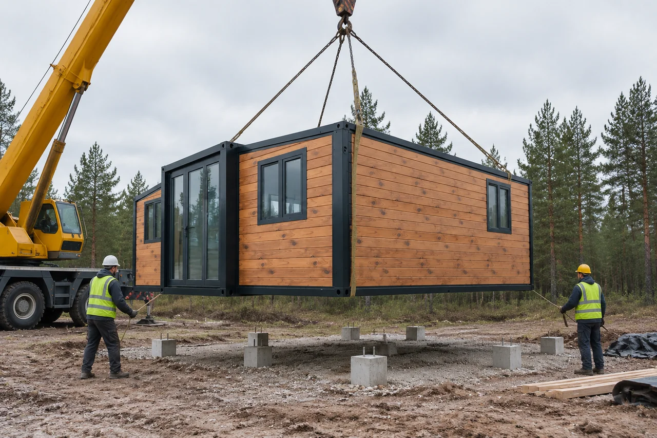 A crane lowering a container home module onto its foundation