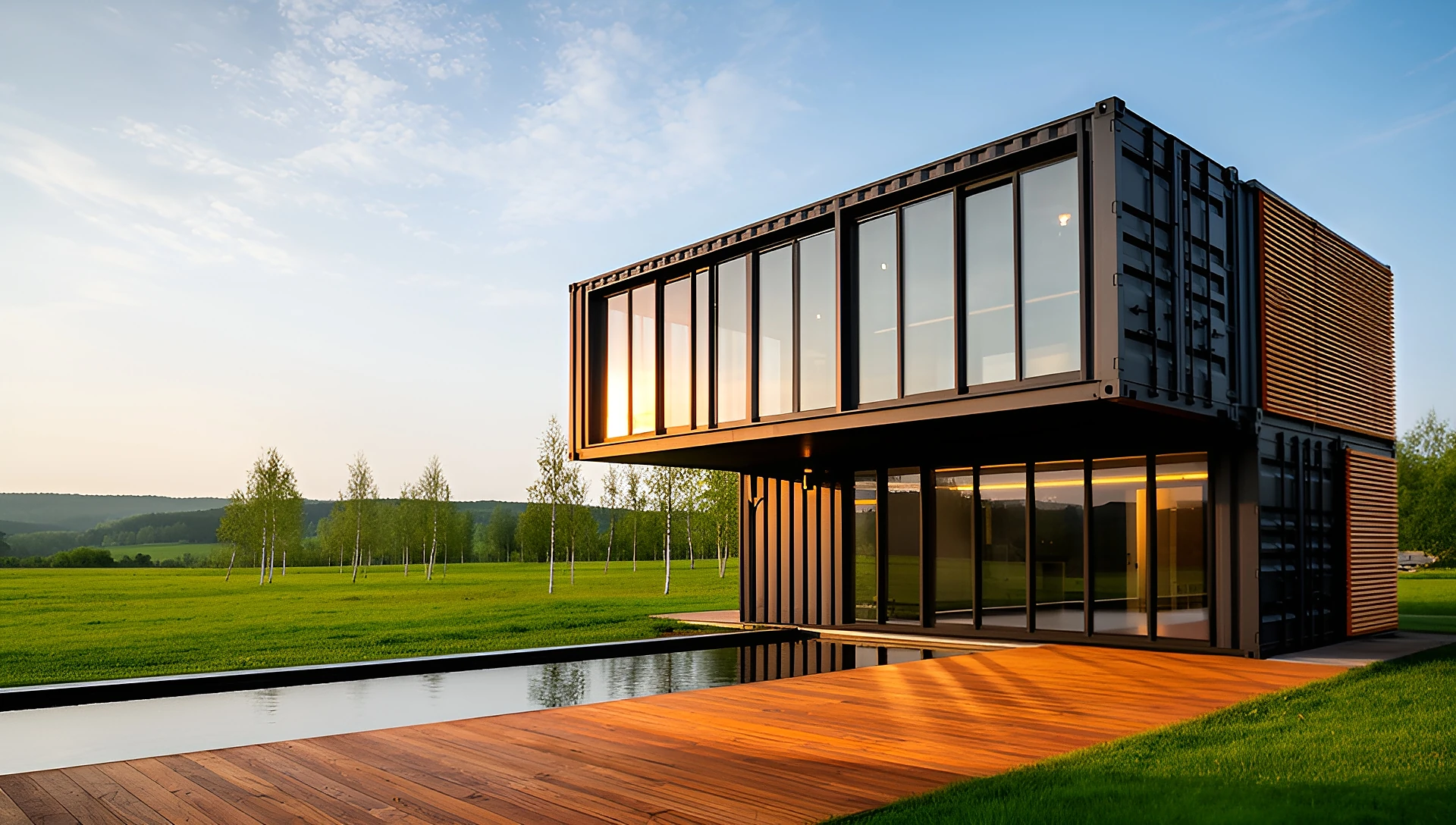 A two-storey container house with full-height glass and a timber deck at dusk, interior lights on